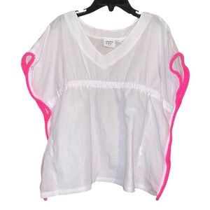 •CROWN & IVY•WHITE HOT PINK POM-POM TRIM BABY SUIT COVER UP SIZE 18-24 MONTHS